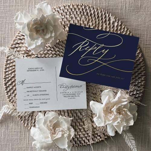 Romantic Calligraphy Gold Foil Navy Blue Meal RSVP Foil Invitation Postcard