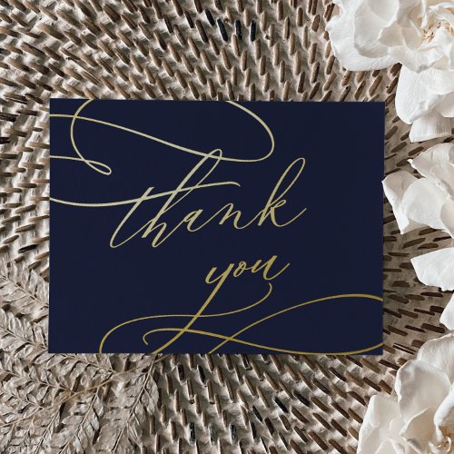 Romantic Calligraphy Gold Foil Navy Thank You Card