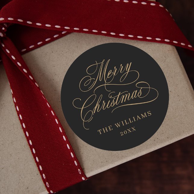 Romantic Calligraphy Merry Christmas Black & Gold Classic Round Sticker (Creator Uploaded)