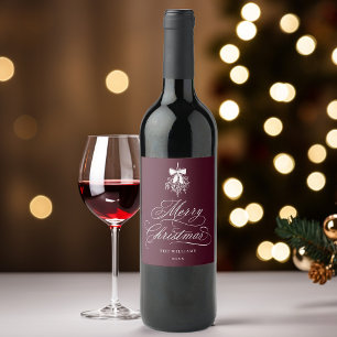 Romantic Calligraphy Merry Christmas Burgundy Wine Label