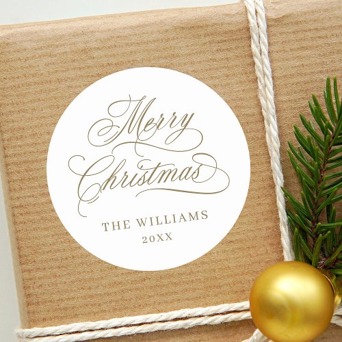 Romantic Calligraphy Merry Christmas Gold  White Classic Round Sticker