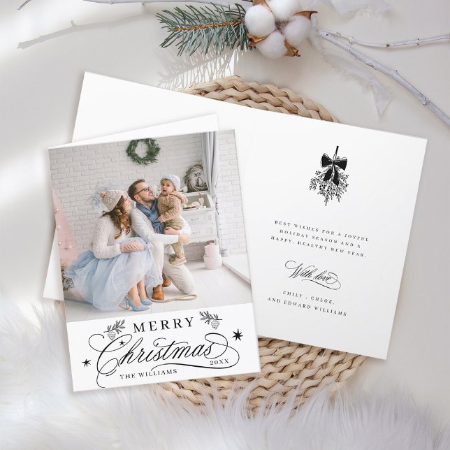 Romantic Calligraphy Merry Christmas Photo Folded Holiday Card (Front & Inside)