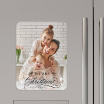 Romantic Calligraphy Merry Christmas Photo Magnet<br><div class="desc">Romantic and elegant holiday photo kitchen magnet.  For more advanced customization of this design,  please click the Customize Further link to change the font,  size,  color,   etc.</div>