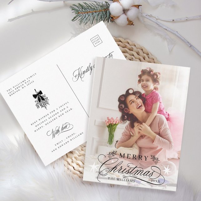 Romantic Calligraphy Merry Christmas Photo Postcard (Front & Back)