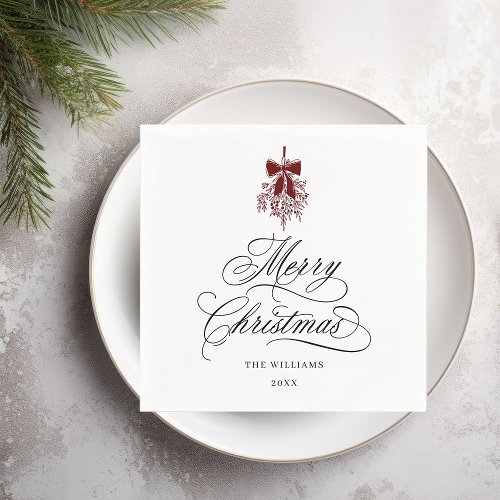 Romantic Calligraphy Merry Christmas Red  Black Napkins