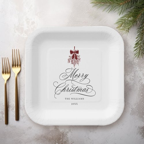 Romantic Calligraphy Merry Christmas Red  Black Paper Plates