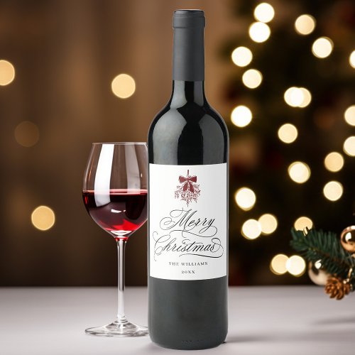 Romantic Calligraphy Merry Christmas Red  Black Wine Label