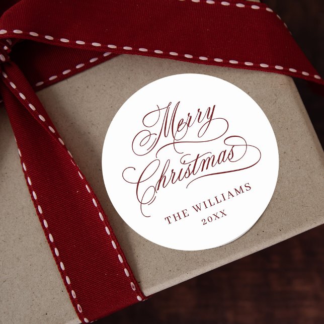 Romantic Calligraphy Merry Christmas Red & White Classic Round Sticker (Creator Uploaded)