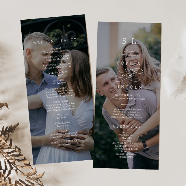 Romantic Calligraphy Monogram Dark Photo Wedding Program (Creator Uploaded)