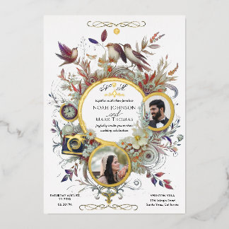 Romantic Calligraphy Monogram Photo Wedding  Foil Invitation
