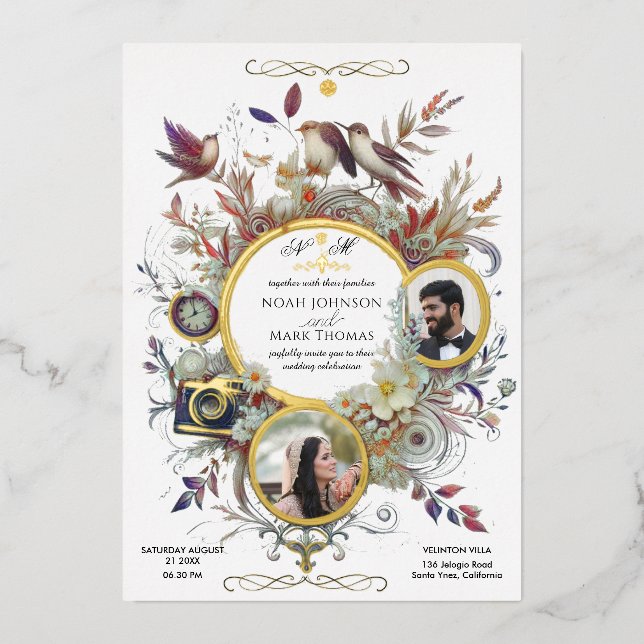Romantic Calligraphy Monogram Photo Wedding  Foil Invitation (Front)
