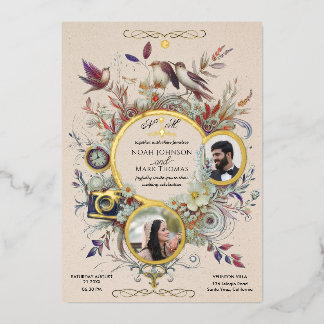 Romantic Calligraphy Monogram Photo Wedding  Foil Invitation