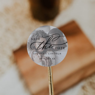 Romantic Calligraphy Names Photo Save the Date Classic Round Sticker