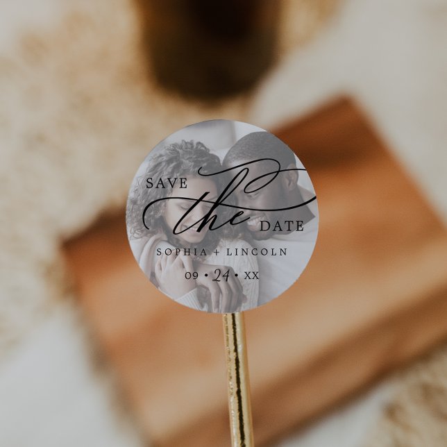 Romantic Calligraphy Names Photo Save the Date Classic Round Sticker (Creator Uploaded)