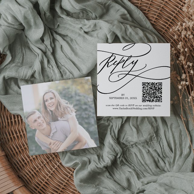 Romantic Calligraphy Photo QR Code Wedding RSVP Enclosure Card (Creator Uploaded)
