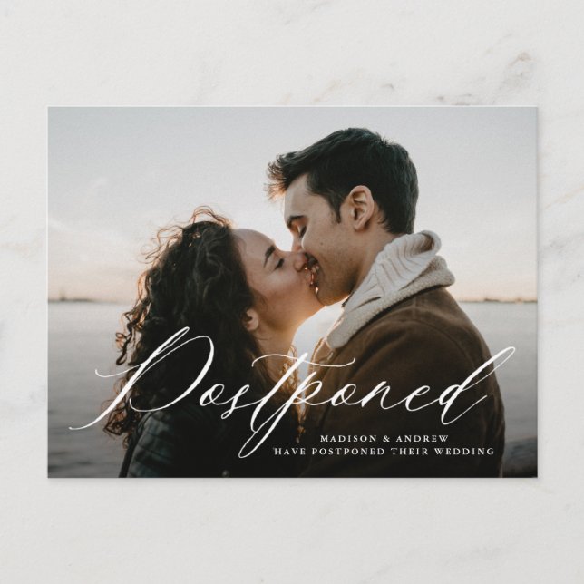Romantic Calligraphy Photo Wedding Postponement Announcement Postcard (Front)