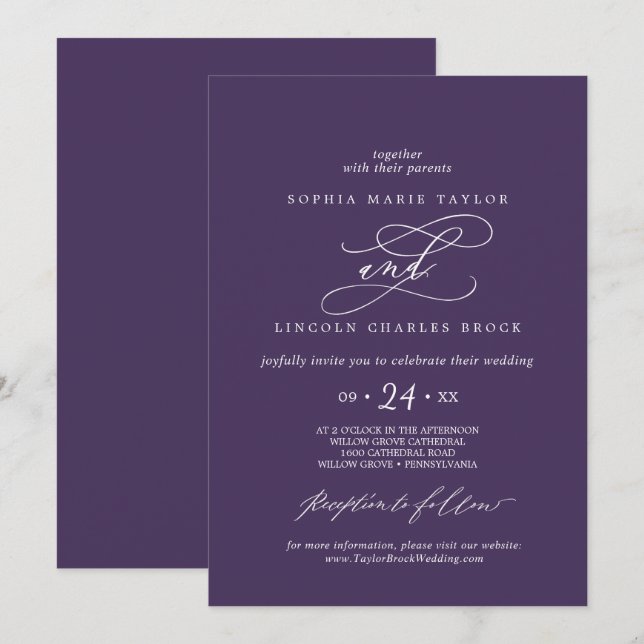 Romantic Calligraphy Plum Purple Flourish Wedding Invitation (Front/Back)