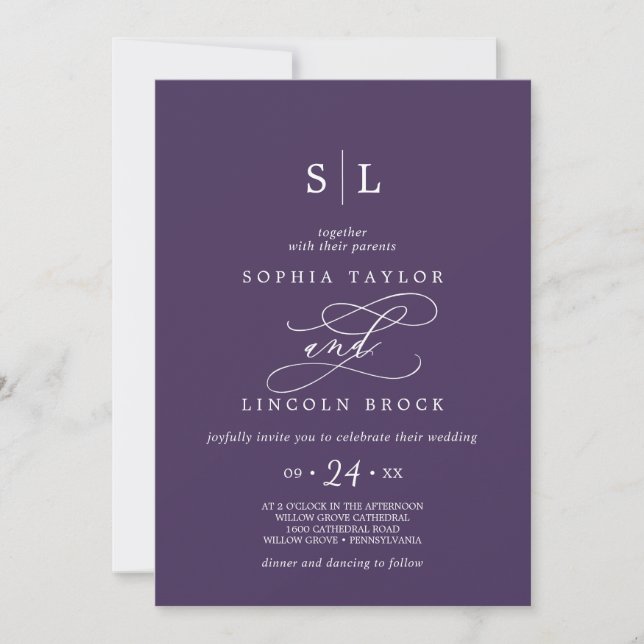 Romantic Calligraphy | Purple Monogram Wedding Invitation (Front)