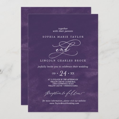 Romantic Calligraphy  Purple Watercolor Wedding Invitation