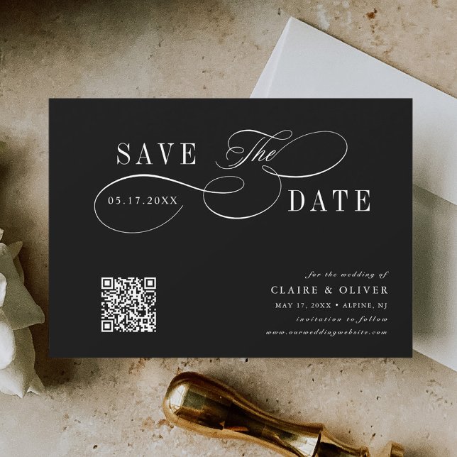 Romantic Calligraphy QR Code Black Horizontal Save The Date (Creator Uploaded)