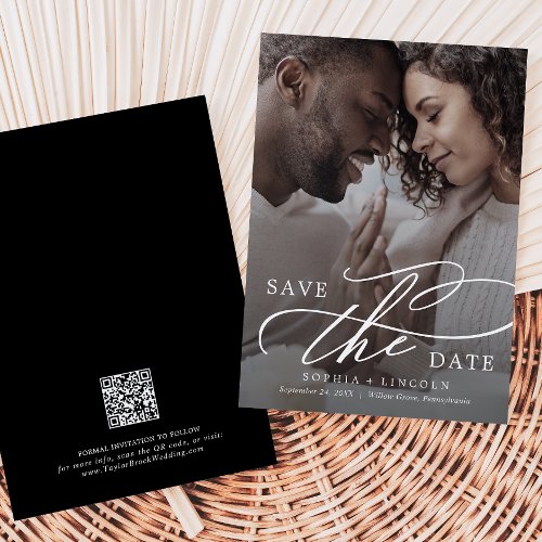 Romantic Calligraphy QR Code Dark Photo Save The Date