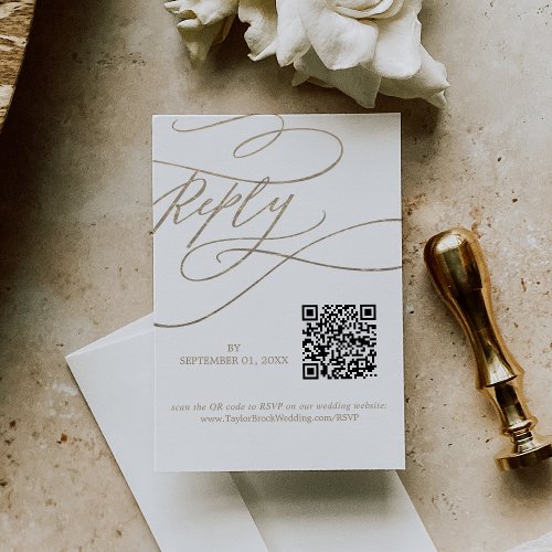 Romantic Calligraphy QR Code Gold Wedding RSVP Card