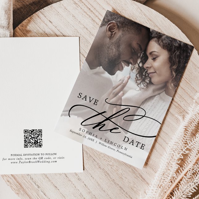 Romantic Calligraphy QR Code Photo Overlay Save Th The Date (Creator Uploaded)