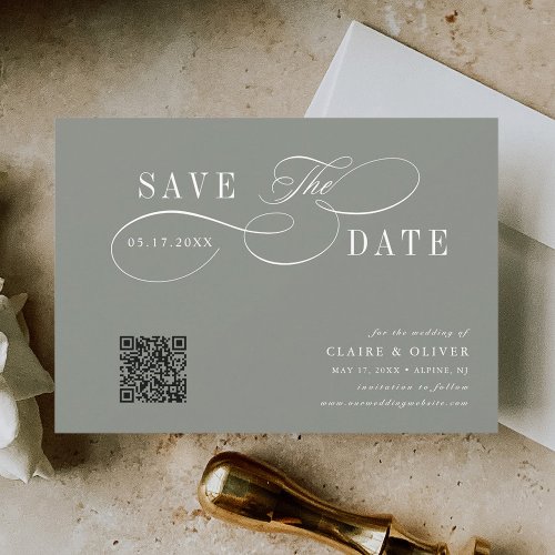 Romantic Calligraphy QR Code Sage Green Horizontal Save The Date