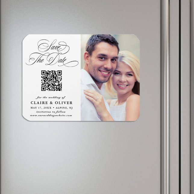 Romantic Calligraphy QR Code Save the Date Photo Magnet (Creator Uploaded)