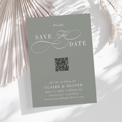 Romantic Calligraphy QR Code Vertical Sage Green Save The Date