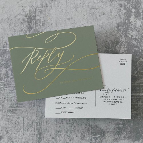 Romantic Calligraphy Sage and Gold Foil Meal RSVP Foil Invitation Postcard