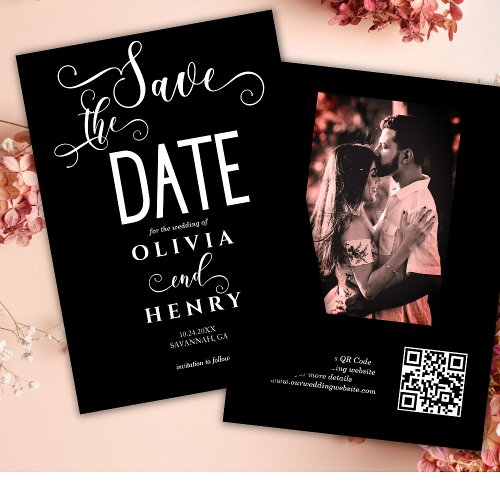 Romantic Calligraphy Script Black Photo QR Code  Save The Date