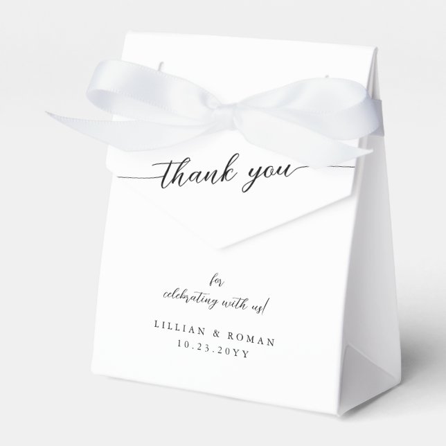 Romantic Calligraphy Script Black & White Wedding Favor Boxes (Front Side)