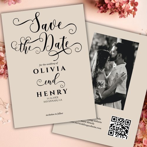 Romantic Calligraphy Script Photo QR Code  Save The Date