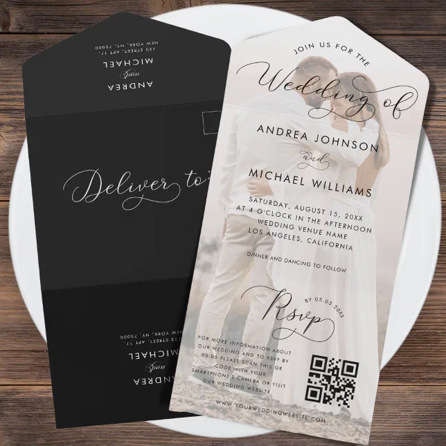 Romantic Calligraphy Script Photo Qr Code Wedding All In One Invitation ...