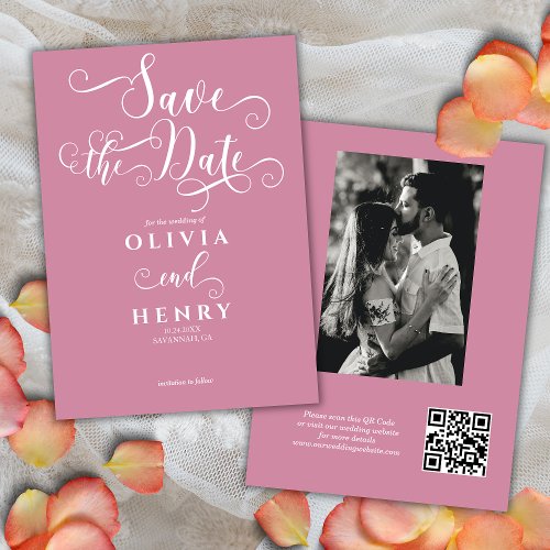 Romantic Calligraphy Script Pink Photo QR Code  Save The Date