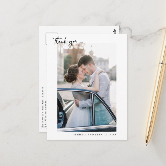 Romantic Calligraphy Script Wedding Photo Thank Yo Postcard (Front/Back In Situ)