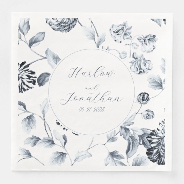 Romantic Calligraphy Silver & White Floral Wedding Paper Dinner Napkins (Front)