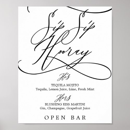 Romantic Calligraphy Sip Sip Hooray Wedding Bar Poster