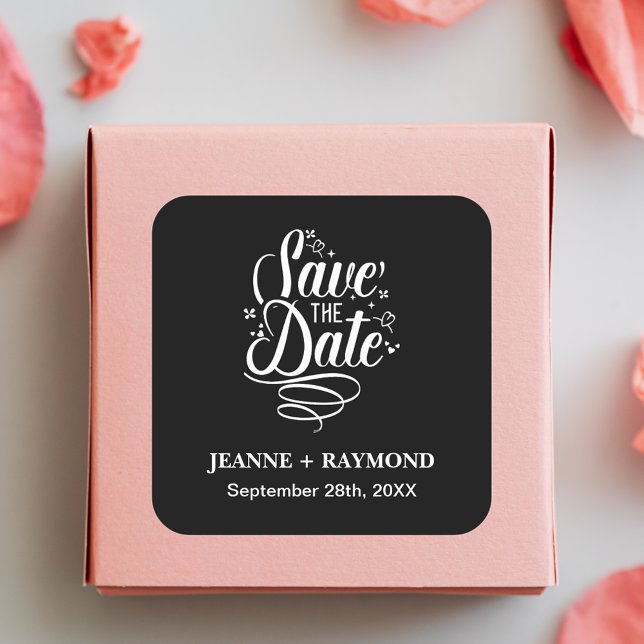 Romantic Calligraphy Wedding Black Save the Date Square Sticker (Creator Uploaded)