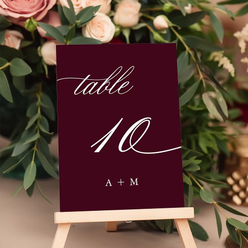 Romantic Calligraphy Wedding Number 10 Burgundy  Table Number