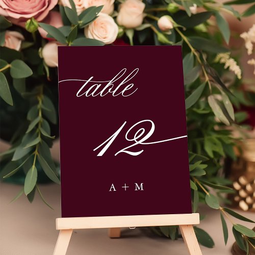 Romantic Calligraphy Wedding Number 12 Burgundy  Table Number