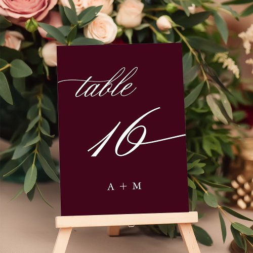 Romantic Calligraphy Wedding Number 16 Burgundy  Table Number