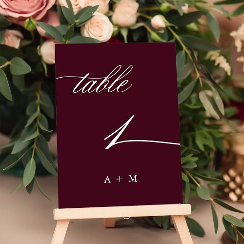 Romantic Calligraphy Wedding Number 1 Burgundy Table Number