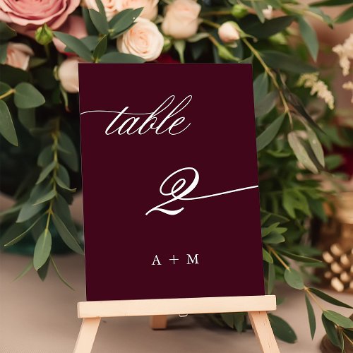 Romantic Calligraphy Wedding Number 2 Burgundy  Table Number