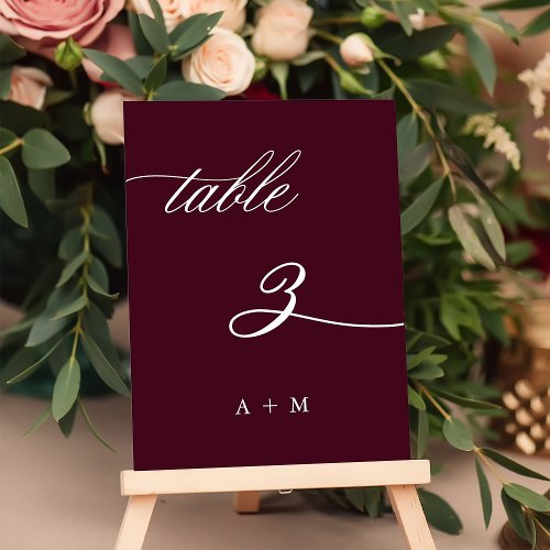 Romantic Calligraphy Wedding Number 3 Burgundy  Table Number