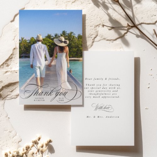 Romantic Calligraphy Wedding Photo Thank You Card