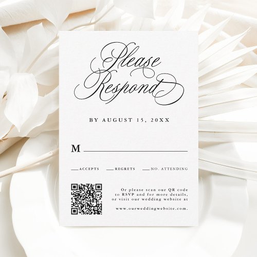 Romantic Calligraphy Wedding QR Code Black  White RSVP Card