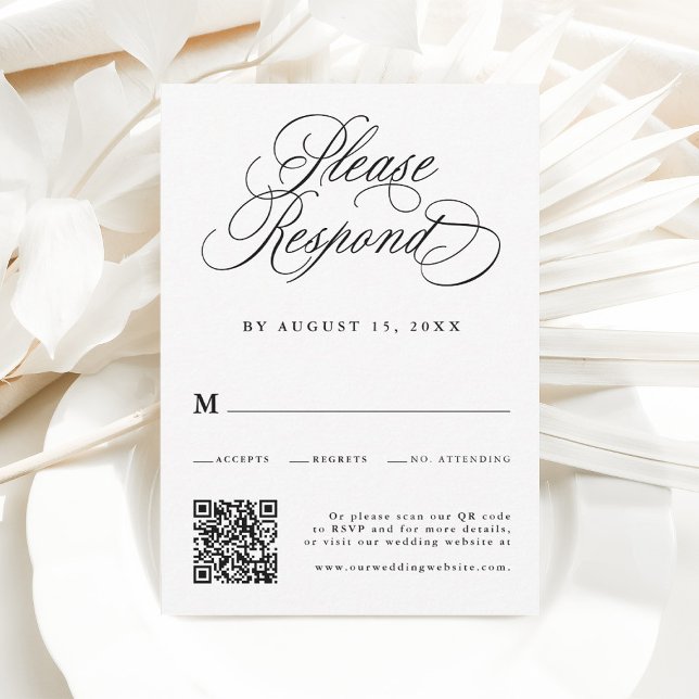 Romantic Calligraphy Wedding QR Code Black & White RSVP Card (Creator Uploaded)