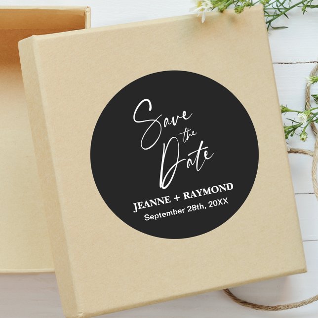 Romantic Calligraphy Wedding Save the Date Black Classic Round Sticker (Creator Uploaded)